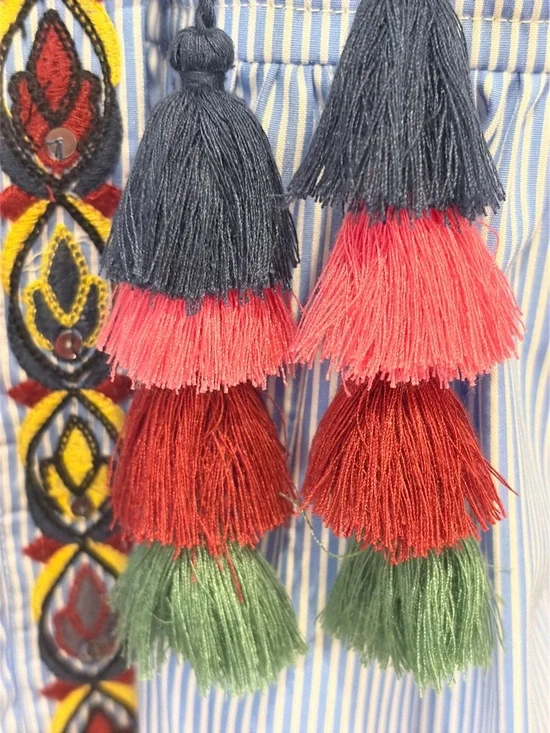 Zara Light Blue Striped Embroidered Peasant Blouse with Multicolor Tassels - Picture 4 of 7